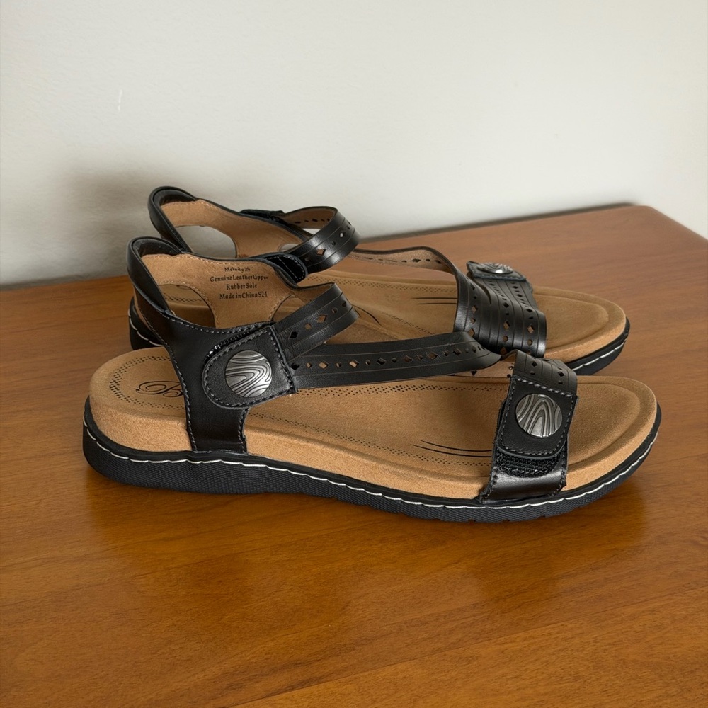 Comfort Black Leather Memory Foam Footbad Sandals EVA Walking Shoes-Biza Melody